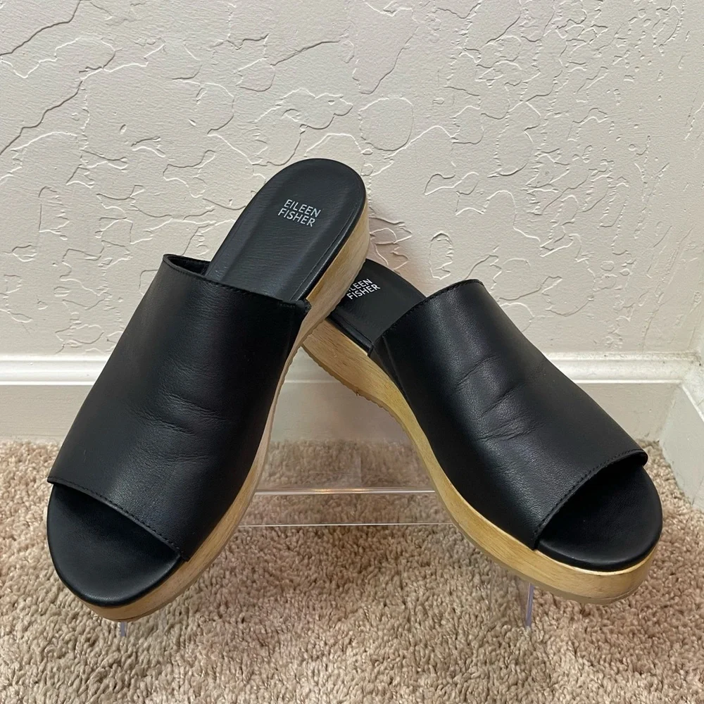 Eileen Fisher Size 11 Novel Black Leather Platform Wooden Clog Slide Sandals - Picture 8 of 16